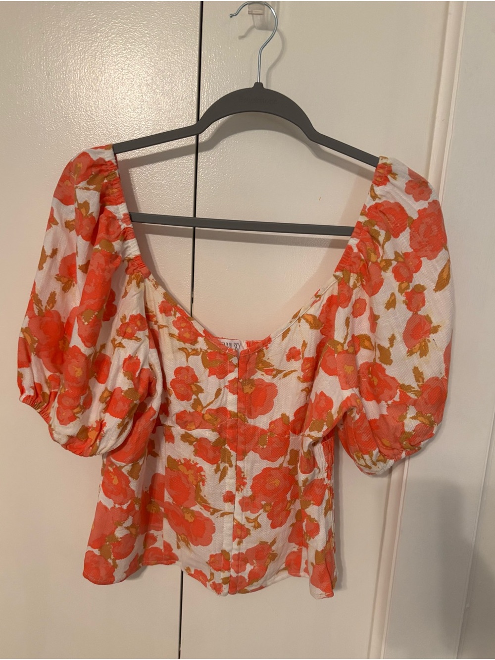 Floral Puff-Sleeve Square Neck Smocked Top
